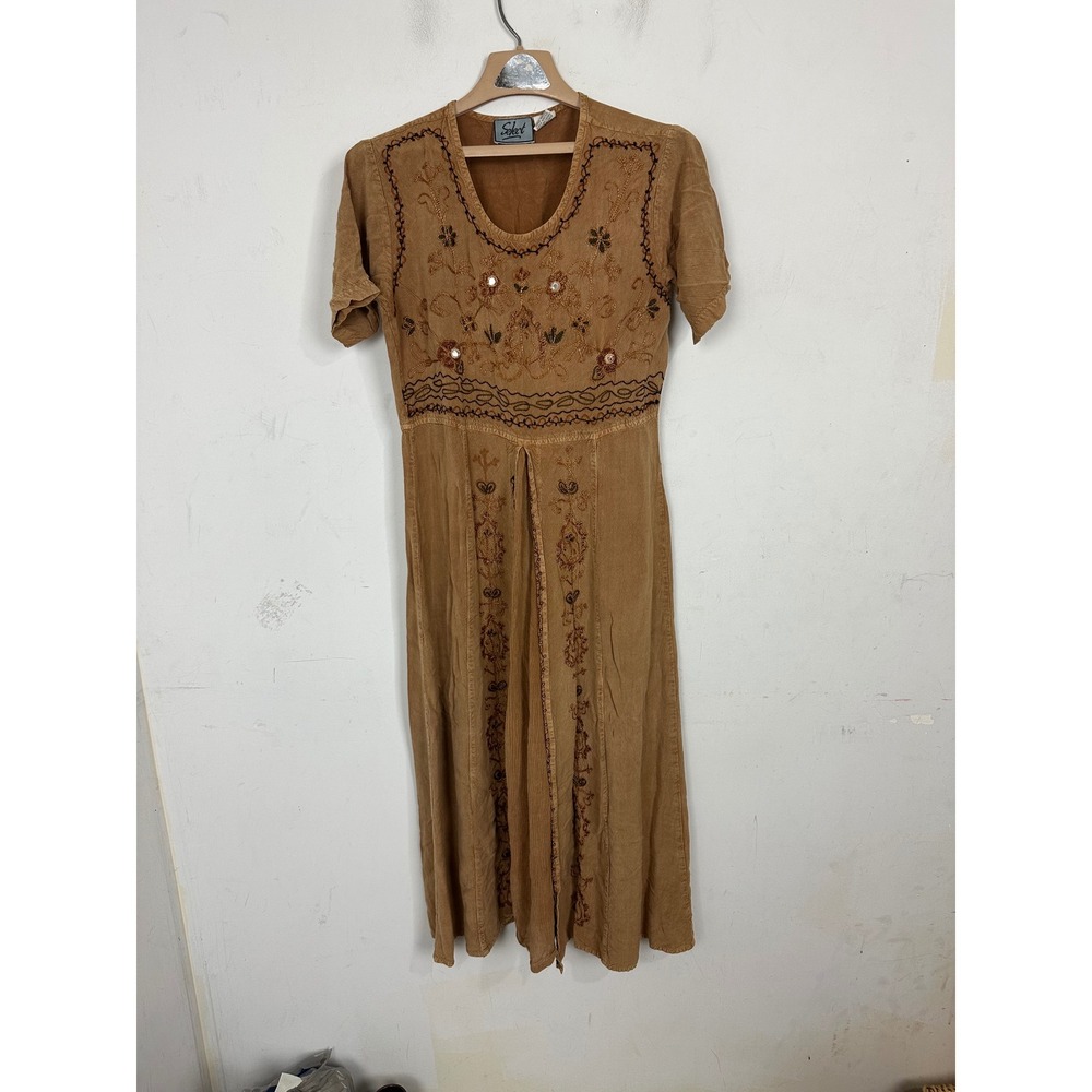 Select Vintage Brown Embroidered Mirror Rayon Midi Dress Boho India Mens M